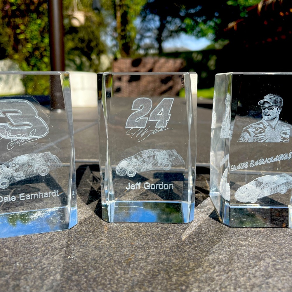 Vintage NASCAR glass blocks of Dale Earnhardt Jr and Jeff Gordon
